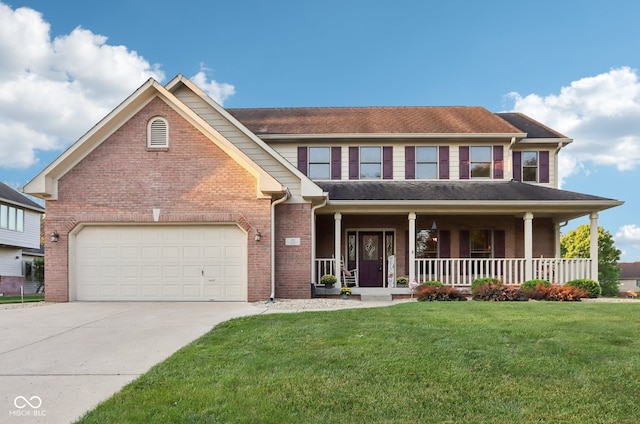 view of front of home featuring covered porch and a front lawn