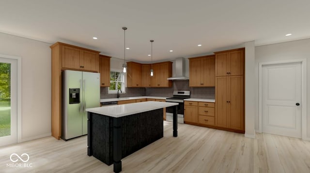 kitchen featuring a kitchen breakfast bar, pendant lighting, stainless steel appliances, a center island, and wall chimney range hood