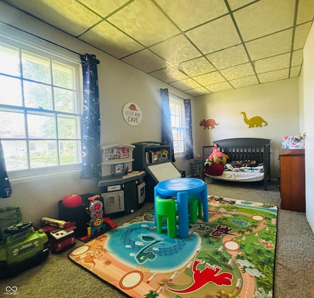 playroom with a drop ceiling, carpet floors, and a healthy amount of sunlight