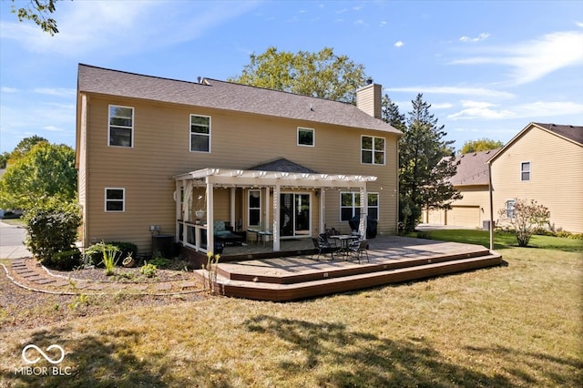 rear view of house with a lawn, cooling unit, a pergola, and a deck