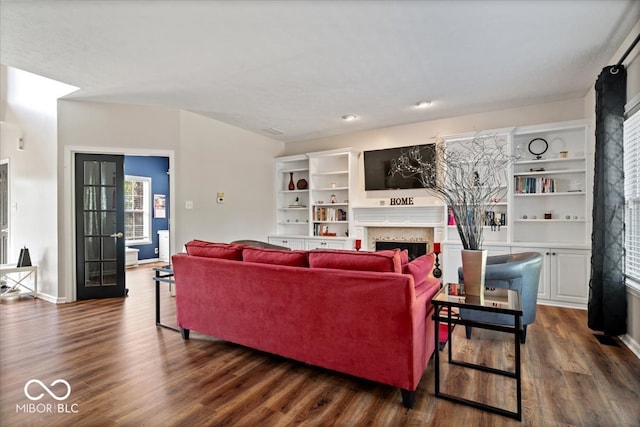 living room with dark wood-type flooring