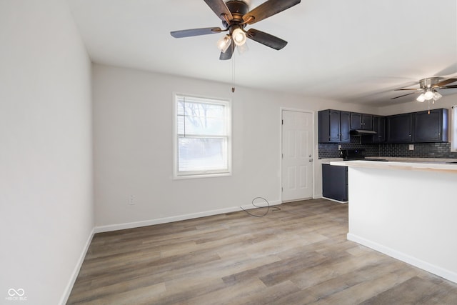 kitchen featuring tasteful backsplash, ceiling fan, and light hardwood / wood-style flooring