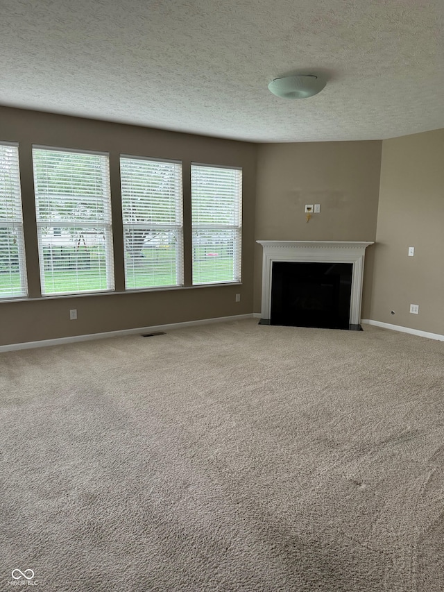 unfurnished living room with a textured ceiling and carpet