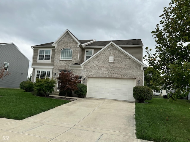 view of front property featuring a garage and a front lawn