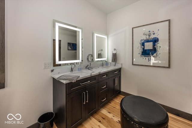 bathroom with wood-type flooring and vanity