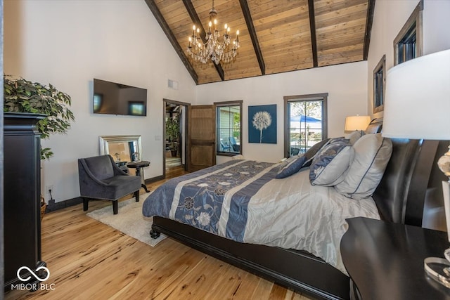 bedroom with light hardwood / wood-style floors, beam ceiling, high vaulted ceiling, an inviting chandelier, and wooden ceiling