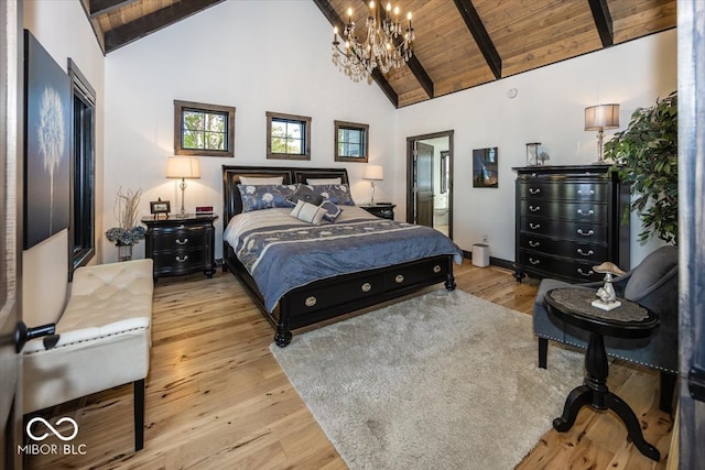 bedroom with high vaulted ceiling, light wood-type flooring, beam ceiling, and wooden ceiling