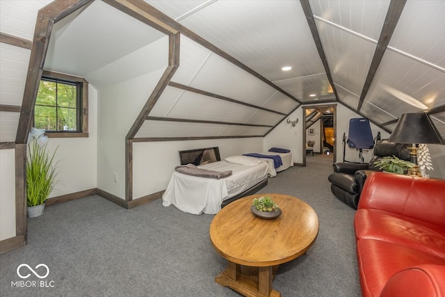 carpeted living room with lofted ceiling