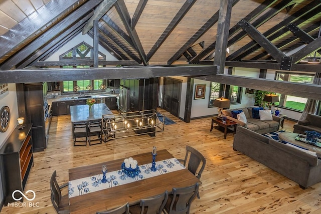 interior space with lofted ceiling with beams, light hardwood / wood-style floors, and wooden ceiling