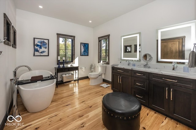 bathroom with hardwood / wood-style floors, a tub, toilet, and vanity