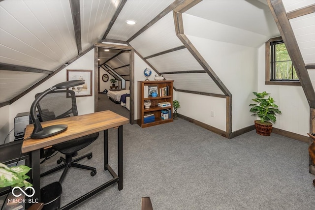 home office featuring light carpet, lofted ceiling, and wooden ceiling