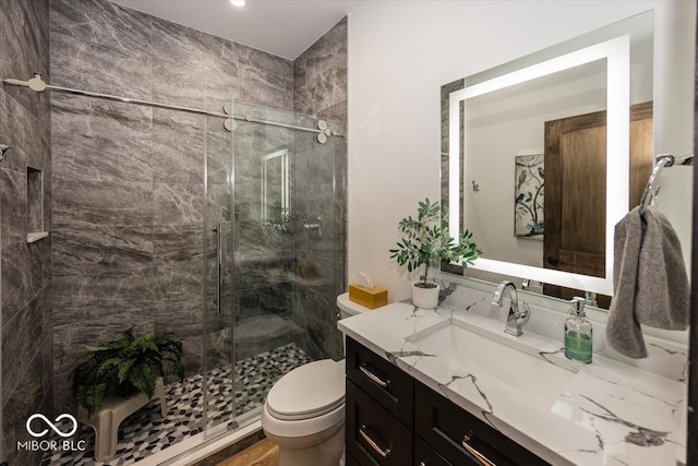 bathroom with vanity, toilet, and a shower with door