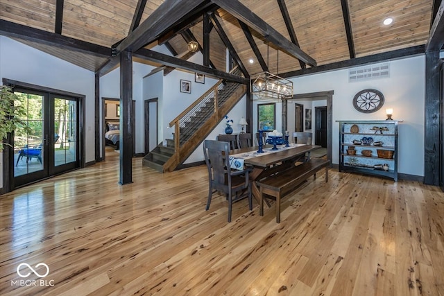 dining area featuring light hardwood / wood-style floors, beam ceiling, high vaulted ceiling, wooden ceiling, and french doors