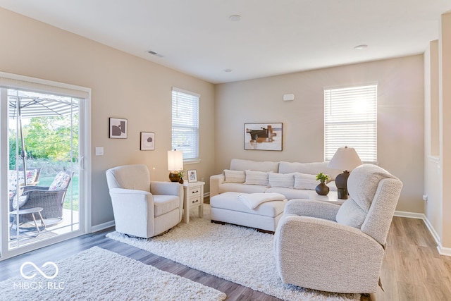 living room with light hardwood / wood-style floors and a healthy amount of sunlight