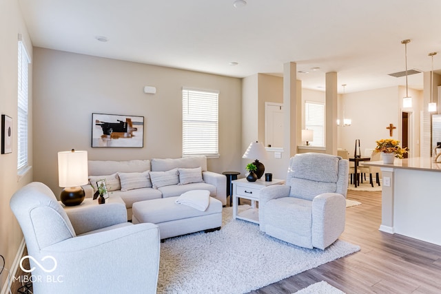 living room with a healthy amount of sunlight and light hardwood / wood-style floors