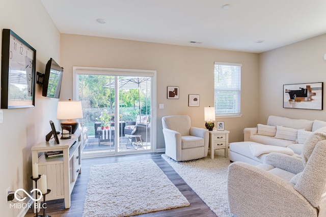 living room featuring a healthy amount of sunlight and dark hardwood / wood-style floors