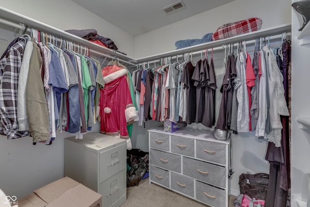 spacious closet featuring light colored carpet