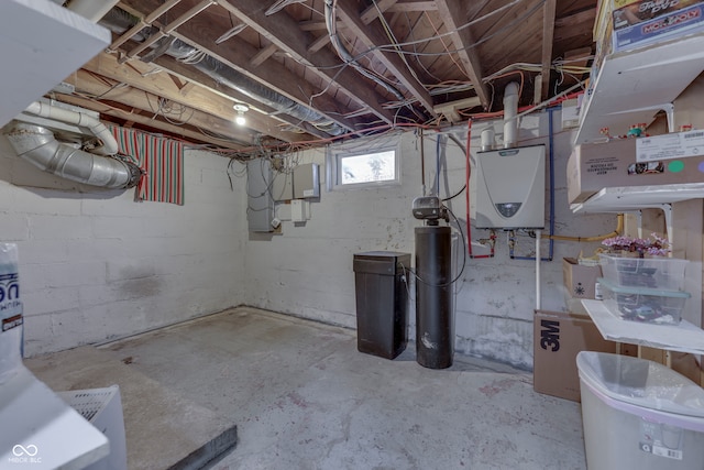 basement with tankless water heater