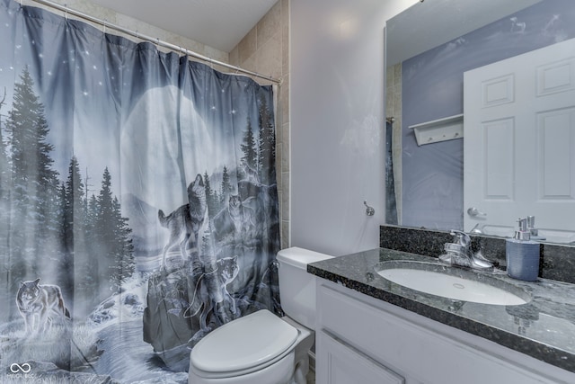 bathroom featuring a shower with curtain, vanity, and toilet