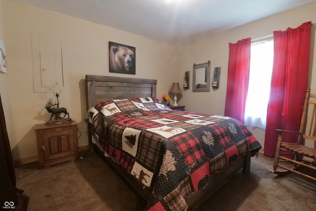 bedroom featuring dark carpet