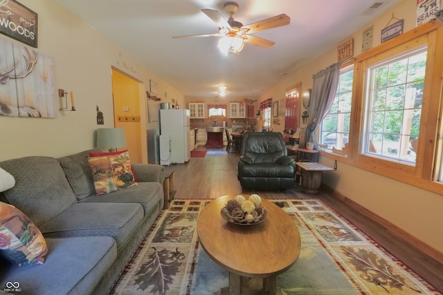 living room with ceiling fan and hardwood / wood-style flooring