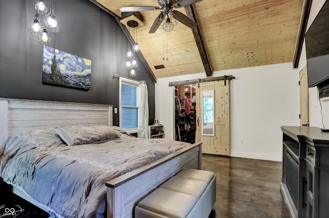 bedroom featuring high vaulted ceiling, a barn door, wooden ceiling, beam ceiling, and ceiling fan