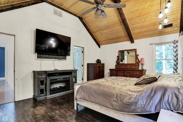 bedroom featuring ceiling fan, vaulted ceiling with beams, dark wood-type flooring, and wooden ceiling