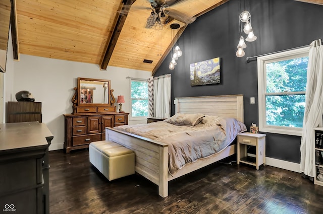 bedroom with vaulted ceiling with beams, wood ceiling, and dark hardwood / wood-style floors