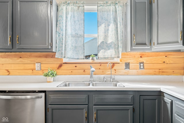 kitchen featuring gray cabinets, sink, and stainless steel dishwasher