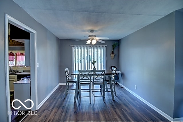 dining space featuring ceiling fan and dark hardwood / wood-style floors