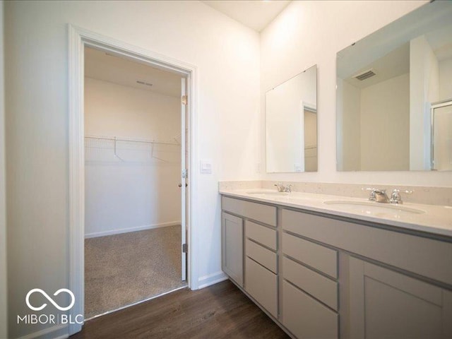 bathroom featuring vanity and wood-type flooring