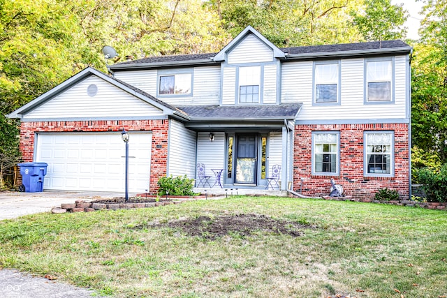 front facade featuring a front lawn and a garage