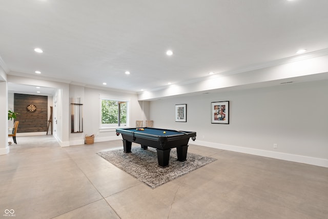 recreation room featuring pool table and ornamental molding