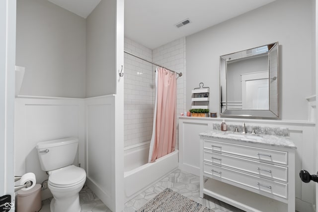 full bathroom with vanity, toilet, and shower / bath combination with curtain