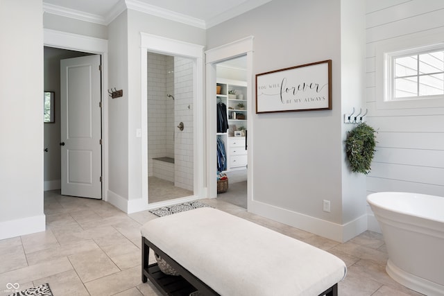 bathroom featuring shower with separate bathtub, ornamental molding, and tile patterned floors