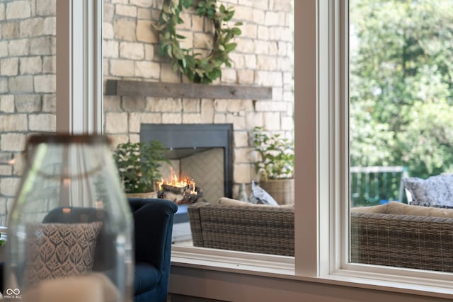 room details with a stone fireplace