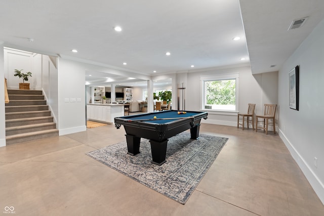 playroom with ornamental molding and pool table