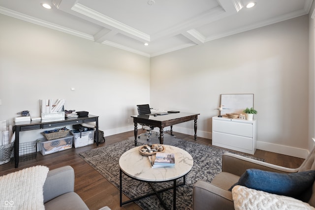 office with beam ceiling, dark wood-type flooring, and crown molding