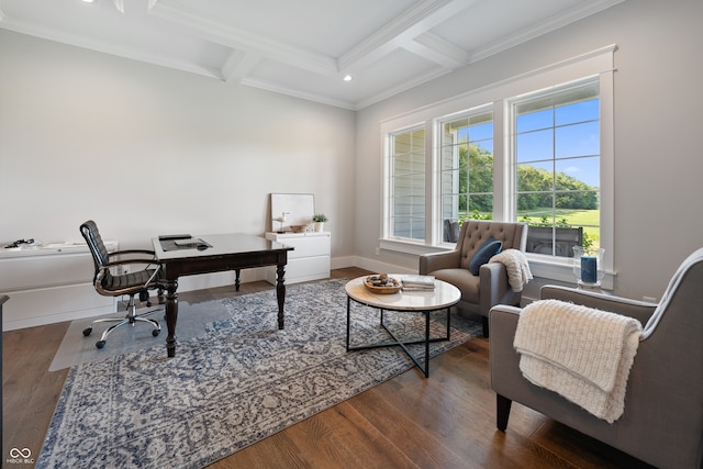 home office with coffered ceiling, beamed ceiling, ornamental molding, and dark wood-type flooring