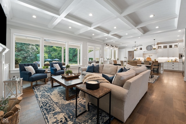 living room with crown molding, coffered ceiling, dark hardwood / wood-style floors, and beamed ceiling