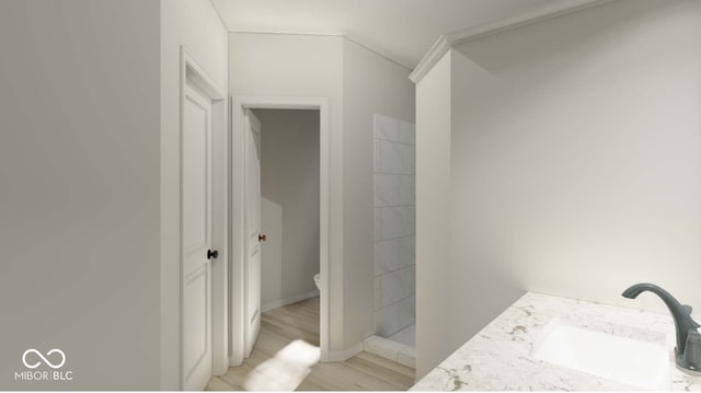 bathroom with walk in shower, wood-type flooring, vanity, and toilet