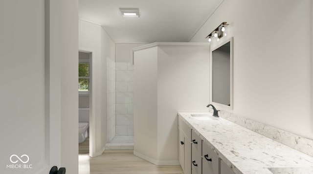 bathroom with walk in shower, vanity, toilet, and wood-type flooring