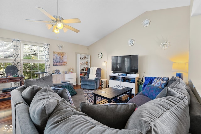 living room with wood-type flooring, vaulted ceiling, and ceiling fan