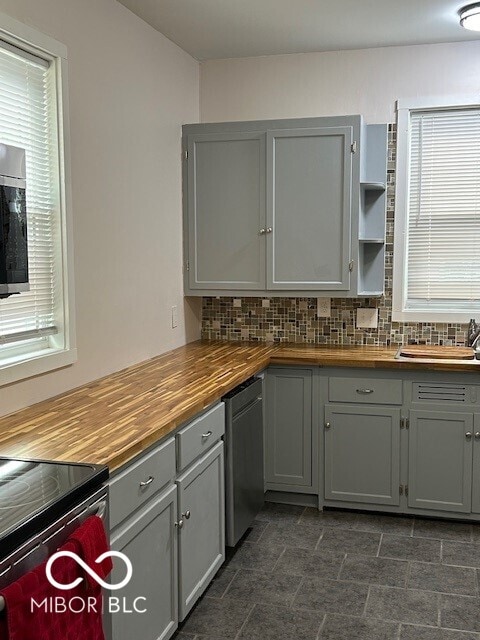 kitchen featuring gray cabinetry, plenty of natural light, butcher block counters, and tasteful backsplash