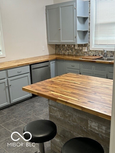 kitchen with gray cabinetry, backsplash, sink, and butcher block counters