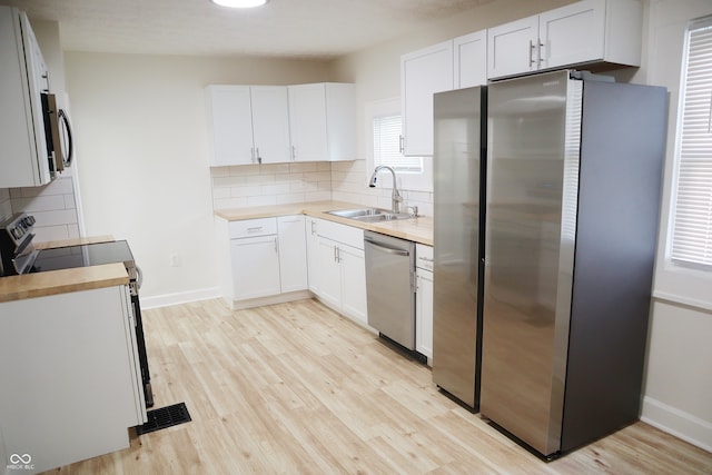 kitchen with decorative backsplash, white cabinetry, and stainless steel appliances