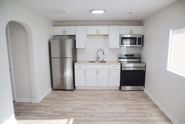 kitchen featuring white cabinets, sink, tasteful backsplash, appliances with stainless steel finishes, and light hardwood / wood-style floors