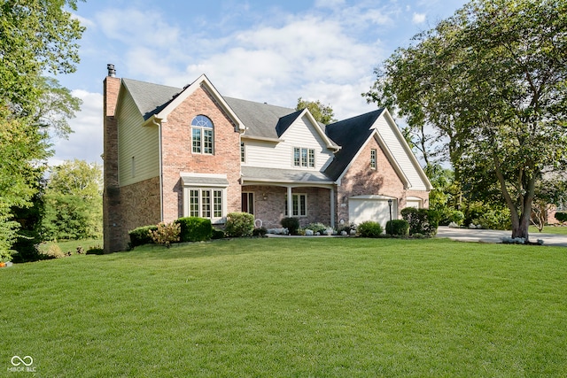 view of property featuring a front lawn and a garage