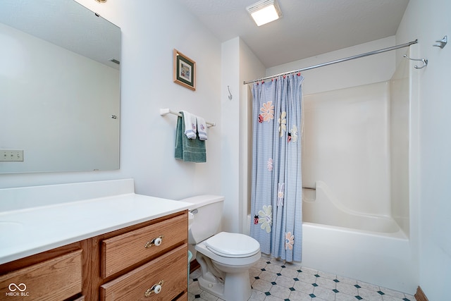 full bathroom with vanity, toilet, and shower / bathtub combination with curtain