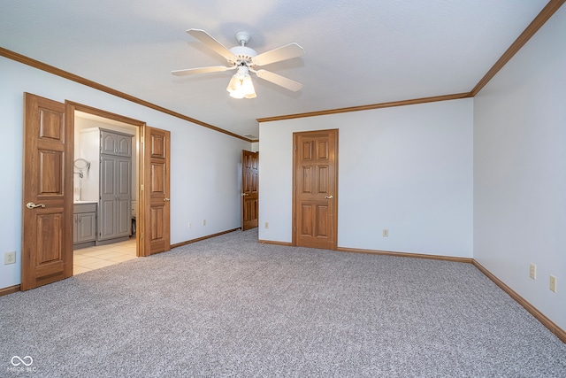 unfurnished bedroom with light carpet, ceiling fan, and ornamental molding